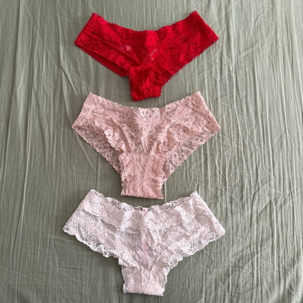 3 x Victoria's Secret PINK Lace Cheeky Panties Sheer Floral White Nude Red
